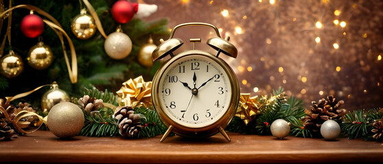 Charming vintage clock set against a holiday-themed background, ideal for New Year's concepts.