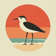 Obraz premium Bird on beach at sunset, minimalist style illustration.