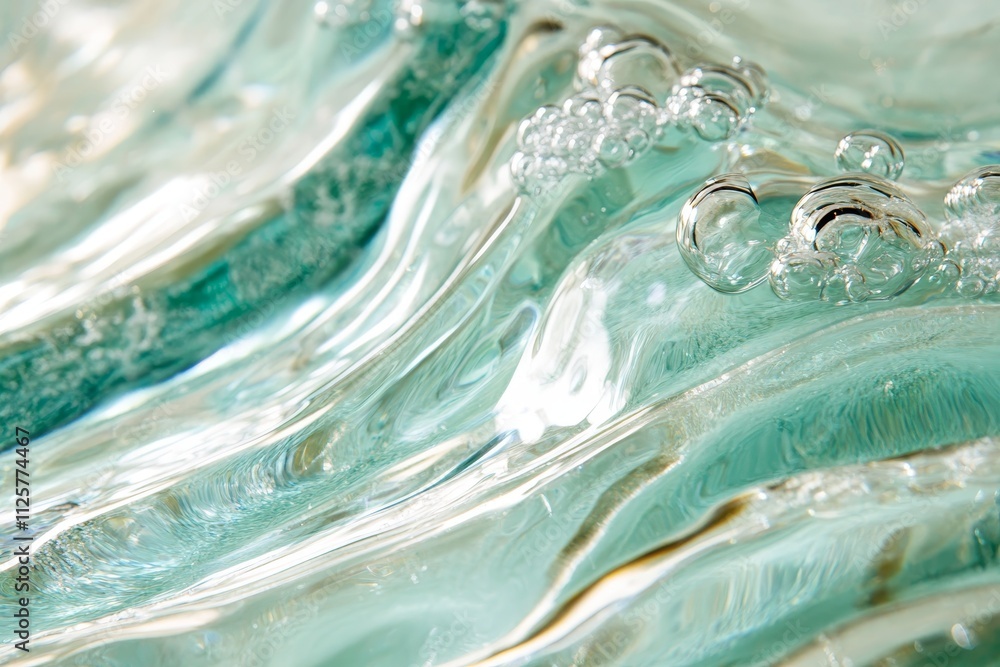 Poster captivating close-up of crystal clear water with bubbles and fluid motion flowing over waves and cre