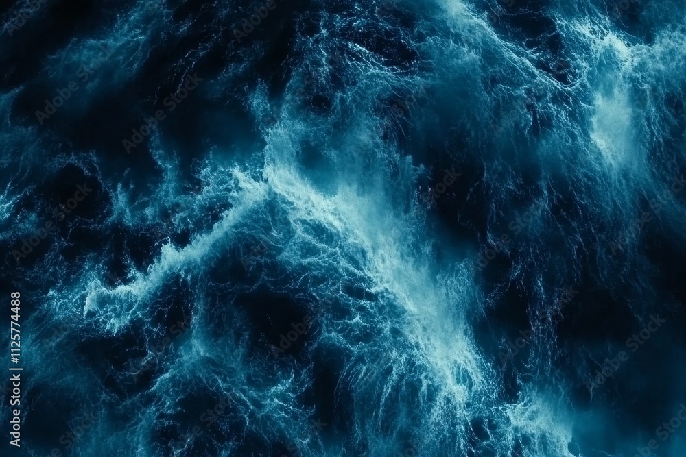 Poster captivating close-up of turbulent ocean waves in rich, deep blue tones creating dynamic patterns of 