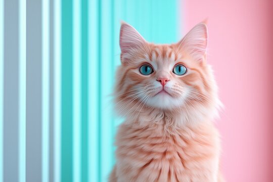 Fluffy Orange Cat with Blue Eyes Against Pastel Background