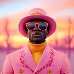 Fashionable Black Man in Pink Hat and Sunglasses at Sunset