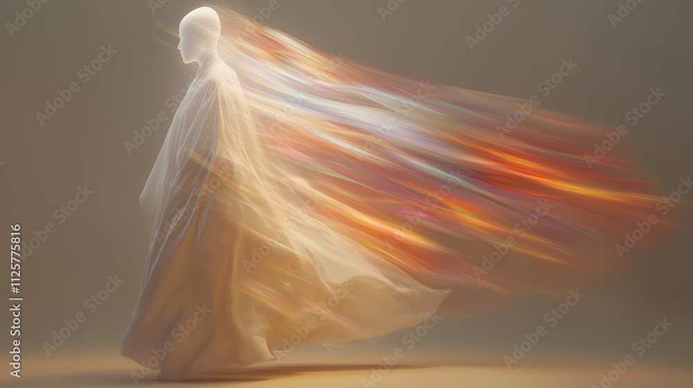 Poster creative haze abstract figure dissolving into colorful light trails in ethereal space artistic portr