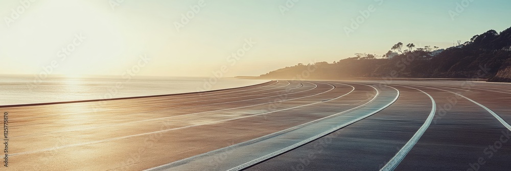 Aufkleber A smooth running track curves gracefully towards the horizon, adjacent to serene waters reflecting the soft hues of early morning. Generative AI