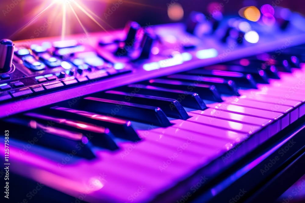 Aufkleber close-up of a modern keyboard with colorful led lights creating a vibrant atmosphere in a music stud