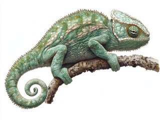 Obraz premium A detailed illustration of a chameleon perched on a branch.