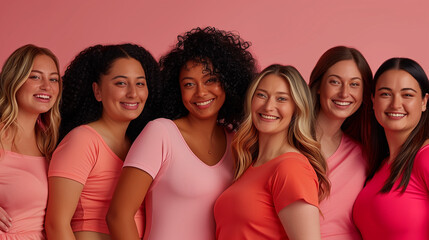 a group of women from ages 35 to 45 years old, of various body sizes, of caucasian, black, latino and asian ethnicity, looking at camera happy as a community with a pink background
