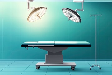 Modern Surgical Room with Overhead Lights, Operating Table, and IV Stand in a Clean and Bright Environment for Medical Use and Healthcare Settings