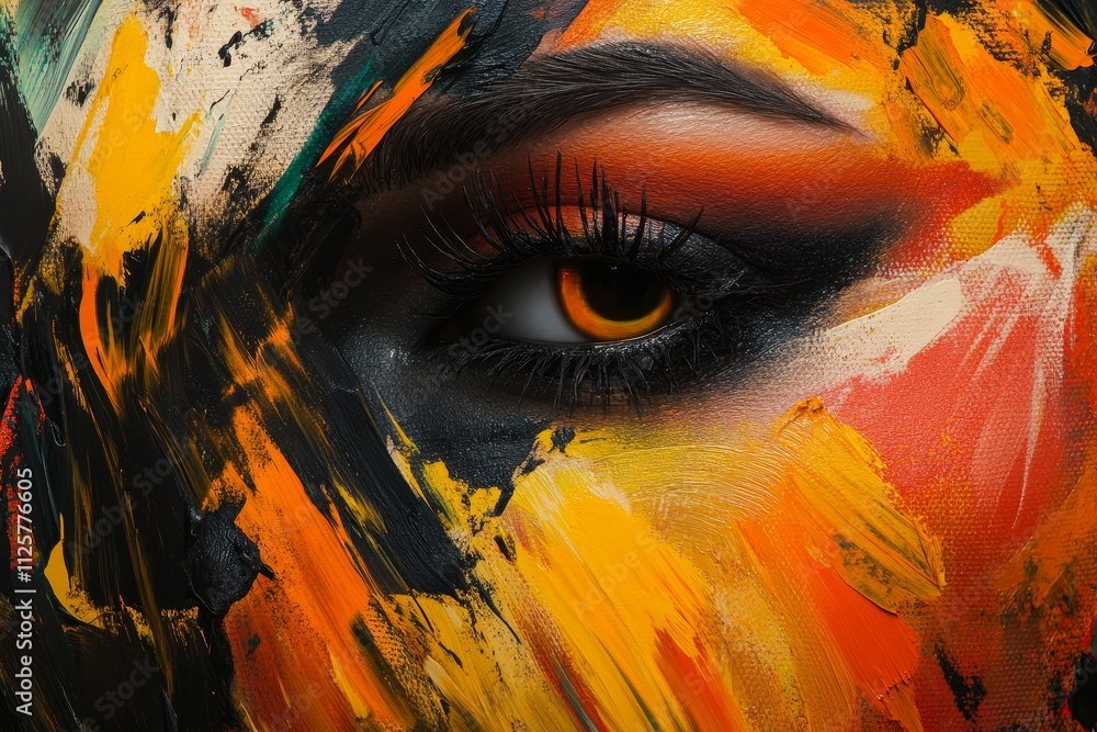 Poster close-up of eye surrounded by vibrant abstract paint patterns highlighting artistic expression and c