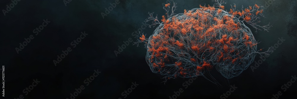 Poster an abstract illustration showcases a human brain constructed from luminous neural networks and synap