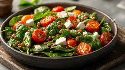 Healthy spinach and lentil salad with roasted red peppers kitchen food indoor close-up nutrition