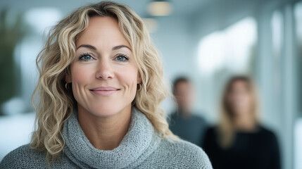 A strong female boss conducting a hybrid strategy session, digital charts visible on screens