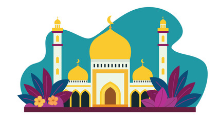 Flat Design Illustration of Golden Islamic Mosque Heritage Building with Floral Plant in Blue Sky
