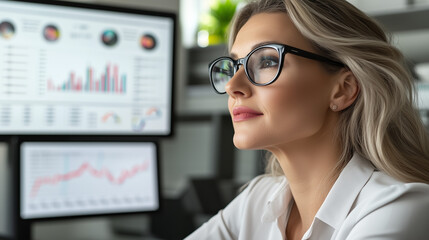 A strong female boss conducting a hybrid strategy session, digital charts visible on screens