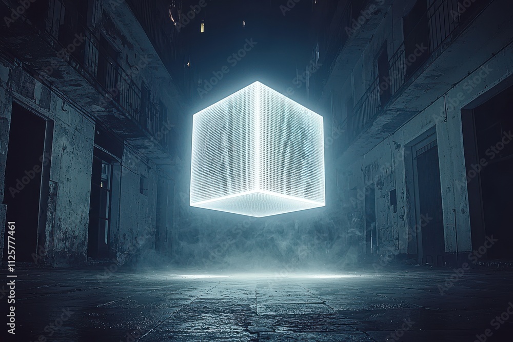 Poster illuminated floating cube installation abandoned urban setting digital art nighttime abstract minima