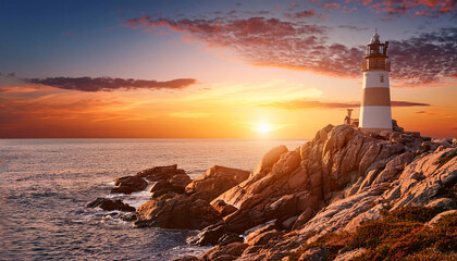 A lighthouse stands majestically on rocky cliffs by the ocean at sunset