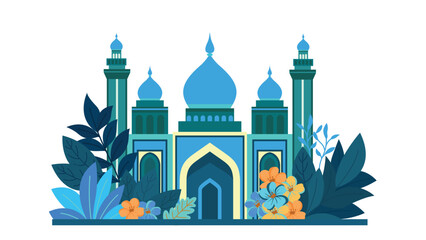 Flat Design Illustration of Blue  Luxury Islamic Mosque Heritage Building with Floral Plant