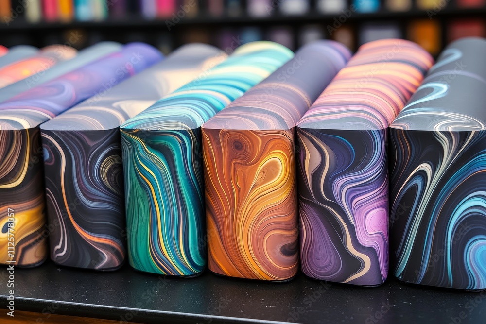 Poster colorful abstract designs on rolled paper showcasing vibrant swirls and fluid patterns, perfect for 