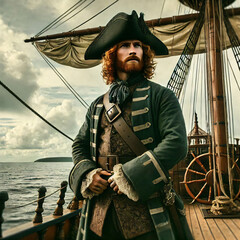 Naklejka premium A person dressed in elaborate 18th-century pirate attire stands on the deck of a wooden ship