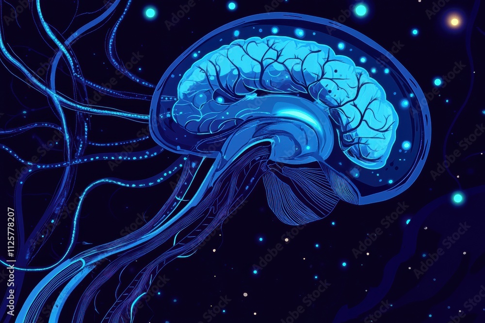 Aufkleber detailed depiction of a brain with illuminated blue neural pathways against a dark backdrop, providi