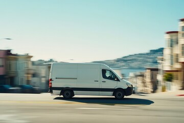 White Delivery Van in Motion on Urban Street During Daylight with Blurred Background and Vibrant Cityscape