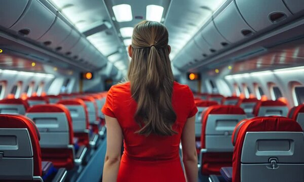 Woman in red dress walking down airplane aisle.