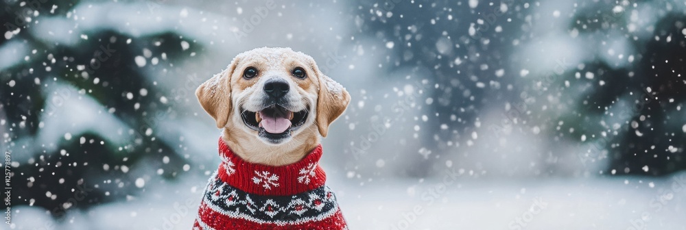 Poster a cheerful dog in a colorful winter sweater sits joyfully in a snowy environment, surrounded by fall