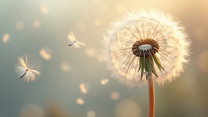 Naklejka premium Ethereal Dandelion Seeds Floating on Breeze, Soft, Fluffy Texture and Delicate Forms