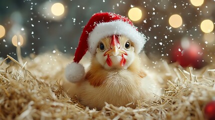 Festive chick in santa hat cozy home holiday scene warm ambiance