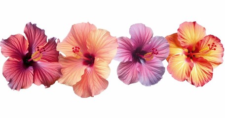 set of colorful hibiscus flowers isolated on a white background