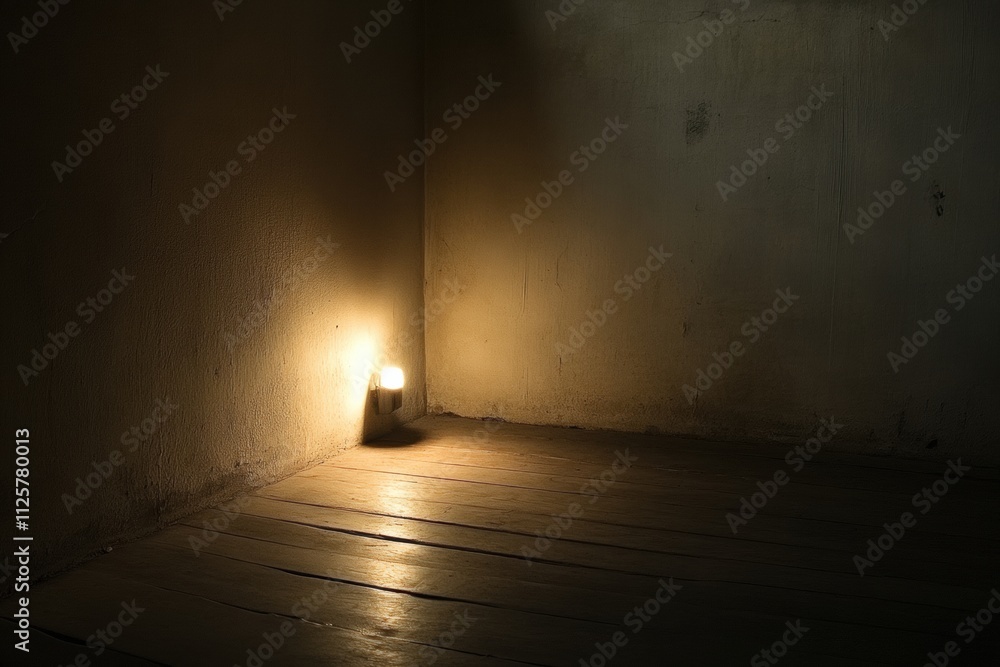 Aufkleber soft light glows in a dim corner of an empty room, highlighting the stark walls and wooden floor whi