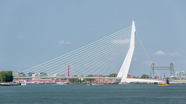 Erasmus Bridge timelapse, called The Swan, spanning the Maas River in Rotterdam, Netherlands. Holland's largest cable-stayed bascule bridge with waterfront, boats and a cloudy blue sky backdrop