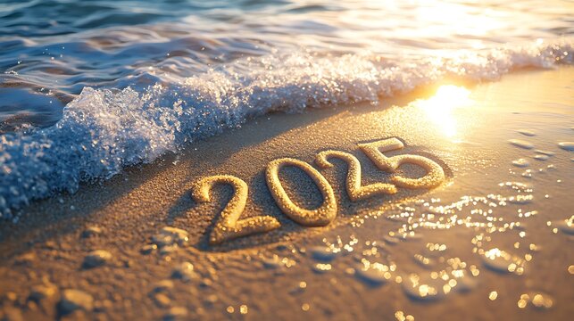 New year 2025 celebration at beach sand writing sunset view