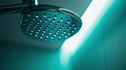 A low angle close-up shot of a sleek chrome showerhead, water droplets forming on its polished surface, set against a minimalistic bathroom with light aqua walls