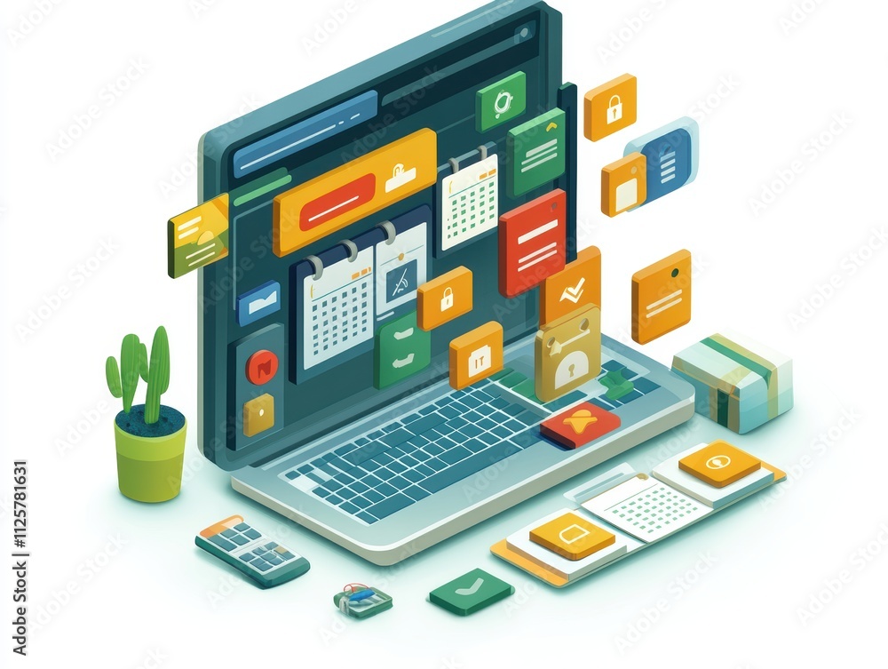Poster a digital workspace with icons representing organization and productivity tools.
