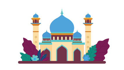 Flat Design Illustration of Luxury Islamic Mosque Heritage Building with Floral Flower Plant