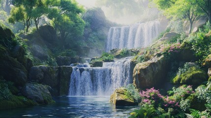Serene Waterfall in Lush Tropical Paradise