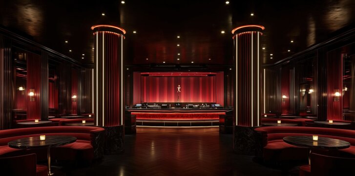 Opulent Red Interior of a Luxurious Nightclub:  Elegant Bar, Plush Seating, and Dramatic Lighting Design