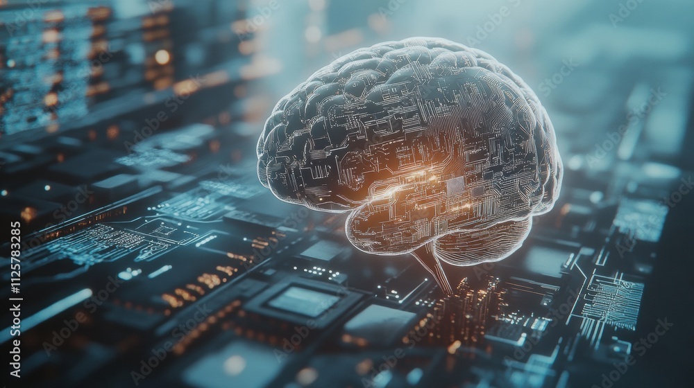 Poster a digital brain seamlessly merges with advanced circuitry and ai holograms, showcasing a modern fusi