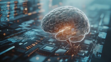 A digital brain seamlessly merges with advanced circuitry and AI holograms, showcasing a modern fusion of technology and intelligence. Generative AI