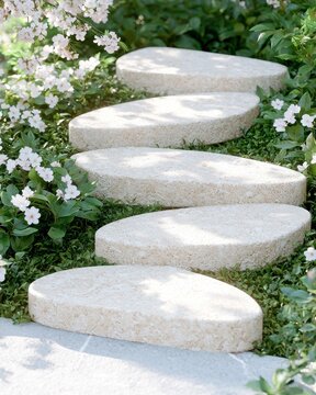 Winding stepping stone pathway in japanese garden nature scene tranquil environment serene viewpoint zen concept