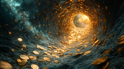 A swirling tunnel of golden coins leading into a cosmic abyss, symbolizing infinite wealth and opportunity.