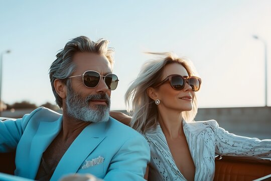 A middle-aged couple in sunglasses is driving around the city, sitting on top of their convertible car. The man smiles at his wife as they travel through the sunny street - Powered by Adobe