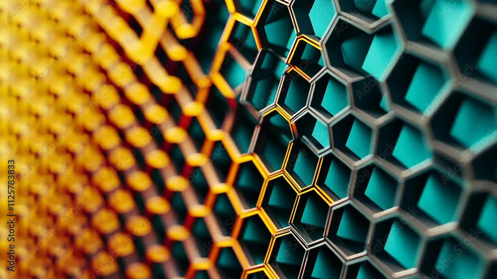 Poster intricate honeycomb pattern displayed in vibrant orange and teal colors highlighting geometric desig