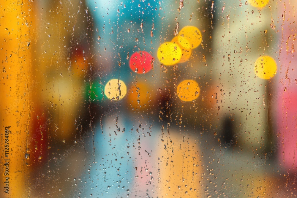 Fototapete raindrops cling to a window while offering a view of a deserted street, enhanced by colorful lights 