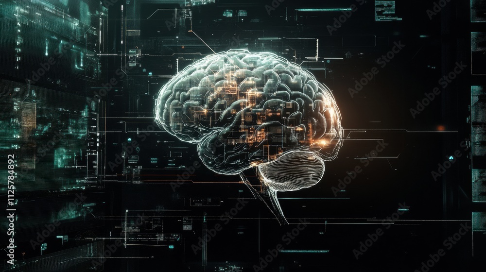 Leinwandbilder a digital brain merges with artificial intelligence features, displaying circuits, chips, and hologr