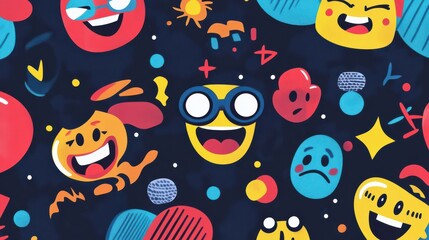 A vibrant pattern of colorful emoticons and playful shapes on a dark background.
