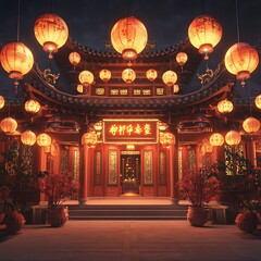 Obraz premium Illuminated Chinese temple at night, lanterns, festive.