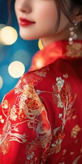 A woman in a red and gold Chinese dress with gold flowers and gold trim