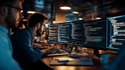 A team of software developers working in a sleek room with a lot of light surrounded by multiple screens with lines of code. Some typing on laptops, others brainstorming on digital whiteboards. tech g